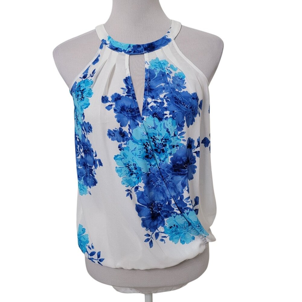 INC International Concepts Size 2 White with Blue Floral Print Sleeveless Blouse